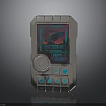 Retro Futuristic Handheld Device With Metallic Casing Digital Screen And Blue Buttons