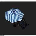 Blue and White Striped Outdoor Umbrella with Wooden Frame Deck Chair for Summer Use