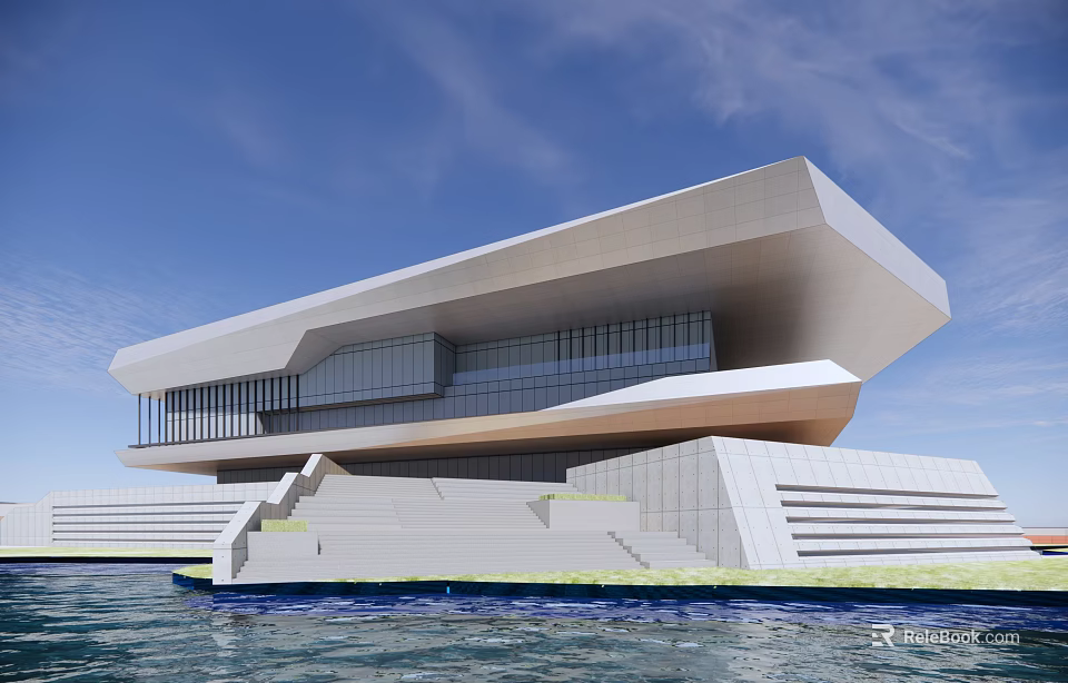 Modern Waterfront Building Exterior Design With White Geometric Structure And Large Glass Windows On Water 3d model 
