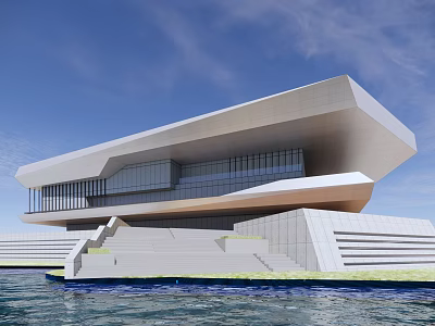 Modern Waterfront Building Exterior Design With White Geometric Structure And Large Glass Windows On Water 3d model