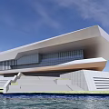 Modern Waterfront Building Exterior Design With White Geometric Structure And Large Glass Windows On Water