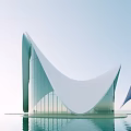 Modern White Sales Office Building With Unique Flowing Curved Structure And Water Reflection