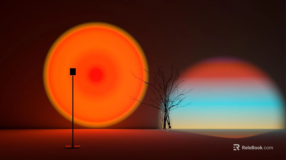 Contemporary Floor Lamp Projecting Orange Circular Light With Leafless Tree Against Gradient Sky 3d model