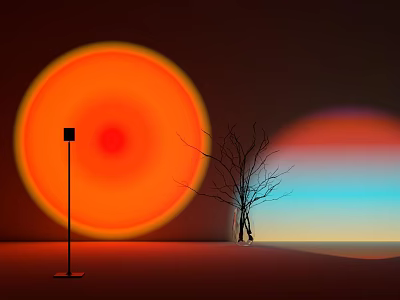Contemporary Floor Lamp Projecting Orange Circular Light With Leafless Tree Against Gradient Sky 3d model