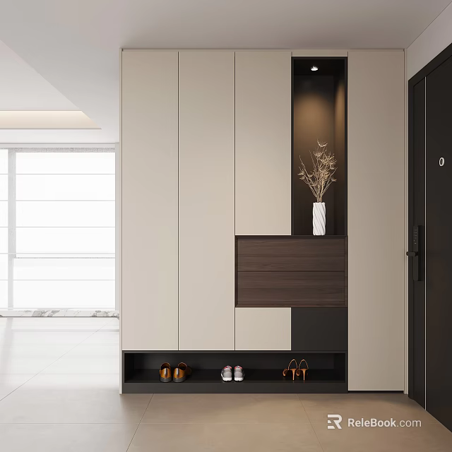 Modern Entryway Cabinet With Side Cabinet Light Dark Wood Shoe Storage And Vase Decor 3d model 
