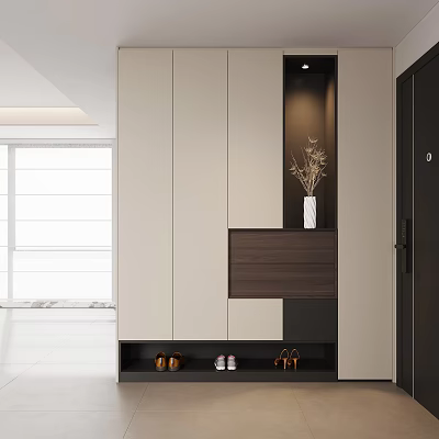 Modern Entryway Cabinet With Side Cabinet Light Dark Wood Shoe Storage And Vase Decor 3d model
