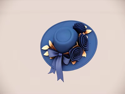 Blue Hat Adorned With Roses Gold Leaves And Bow Decoration 3d model