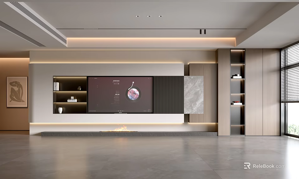 Modern Living Room Interior With TV Wall Marble Accent And Built-in Shelves 3d model 