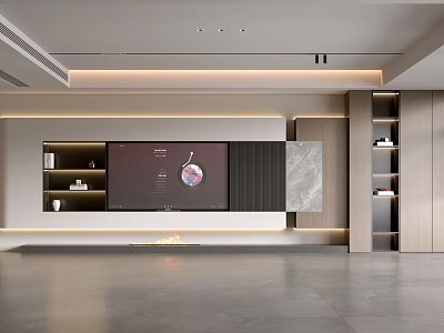 Modern Living Room Interior With TV Wall Marble Accent And Built-in Shelves 3d model