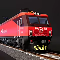 Red Electric Locomotive With Harmony Logo Moving On Railway Track