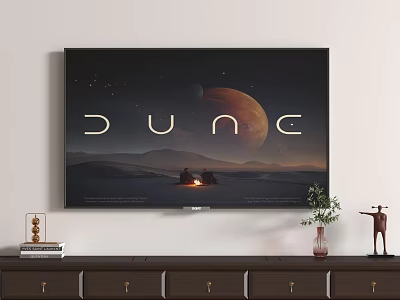Wall Mounted TV Displaying Dune Desert Landscape With Planet On Wooden Cabinet With Decorative Items 3d model