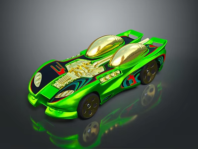 Futuristic Green Racing Car With Gold Cockpit And Decorative Red Accents On Shiny Dark Surface 3d model