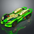 Futuristic Green Racing Car With Gold Cockpit And Decorative Red Accents On Shiny Dark Surface