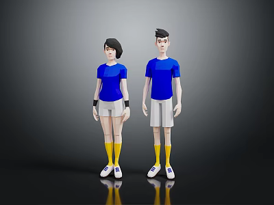 Two Characters In Blue Tops Light Gray Shorts Yellow Socks And White Sneakers 3d model