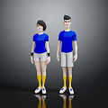 Two Characters In Blue Tops Light Gray Shorts Yellow Socks And White Sneakers 3d model
