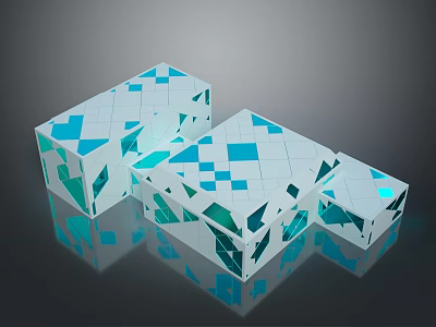 Transparent Decorative Cubes With Turquoise Geometric Patterns And Reflections On Dark Background 3d model