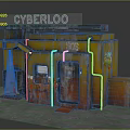 Future Architecture Cyberloo Themed Futuristic Structure with Yellow Orange Metal Pipes Graffiti and Neon Lights