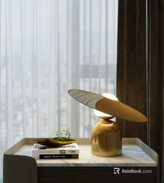 Elegant Table Lamp with Golden Base Wing Like Lampshade on White Table by Window 3d model 