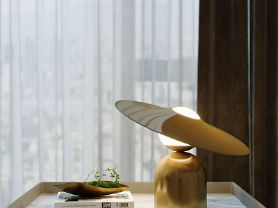 Elegant Table Lamp with Golden Base Wing Like Lampshade on White Table by Window 3d model