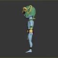3D Blue Mythical Warrior Character With Golden Green Helmet And Red Gold Ornamental Weapon