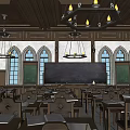 School Library Interior With Arched Windows Bookshelves Chandeliers And Wooden Tables
