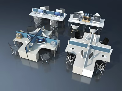 Modern Office Cubicles With Workstations Desks Chairs Computers And White Blue Partitions 3d model