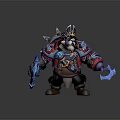 Panda Warrior Game Character With Crown Red Blue Armor And Blue Battle Axes