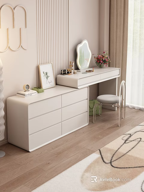 Modern White Dressing Table With Mirror Drawers Side Stool And Decorative Flowers 3d model