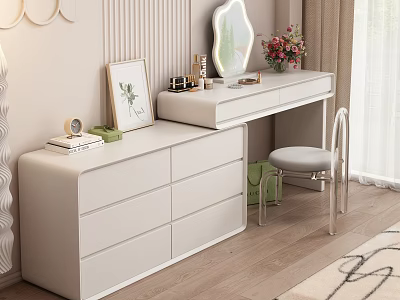 Modern White Dressing Table With Mirror Drawers Side Stool And Decorative Flowers 3d model