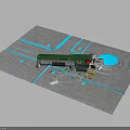 Construction Model With Gray Ground Green Mechanical Arm Blue Circle Scattered Parts And Yellow Fence