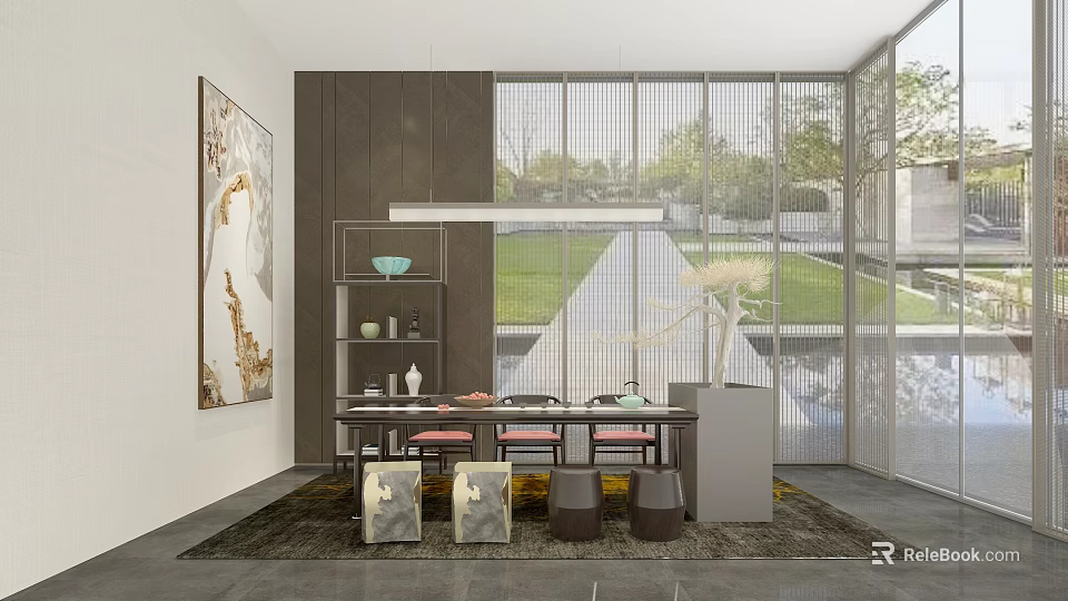 Modern Teahouse Interior With Wooden Table Chairs Decorative Painting And Garden View 3d model 