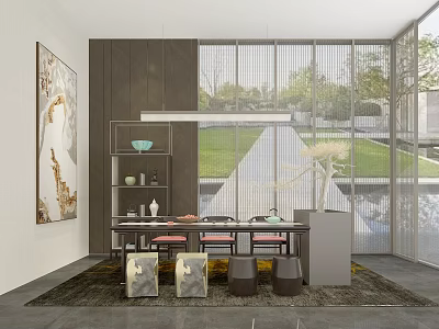 Modern Teahouse Interior With Wooden Table Chairs Decorative Painting And Garden View 3d model