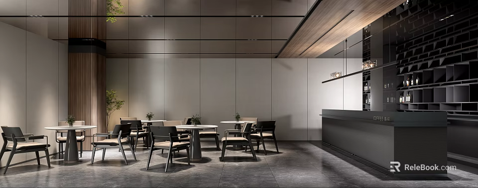 Modern Tea Room Interior Design With Wooden Tables Black Chairs And Green Plants 3d model 