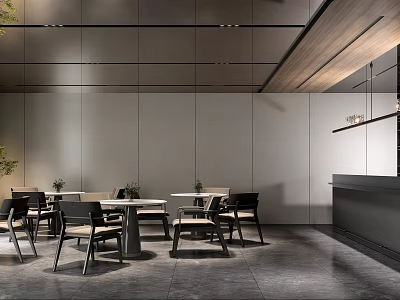 Modern Tea Room Interior Design With Wooden Tables Black Chairs And Green Plants 3d model