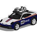 Porsche 953 Blue And White Sports Car With Roof Mounted Equipment And Racing Stripes