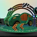 Cartoon Style Green Car With Rainbow Clouds Tree And Traffic Signs On Track