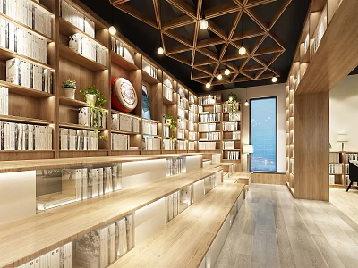 Stylish Book Art Interior Design With Wooden Bookshelves Art Decor And Warm Lighting 3d model
