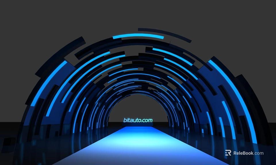 Arched Event Passage Featuring Blue Lighting Illuminated Floor And Black And Blue Curved Structures 3d model 