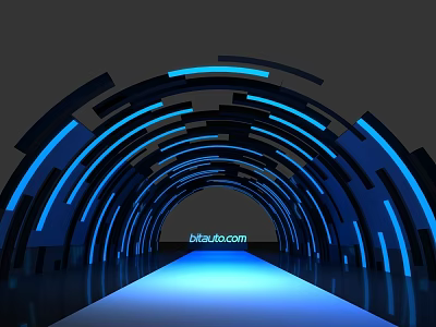 Arched Event Passage Featuring Blue Lighting Illuminated Floor And Black And Blue Curved Structures 3d model