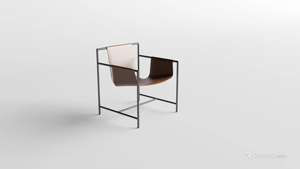 Modern Minimalist Leisure Chair With Black Metal Frame And Brown Leather Upholstery 3d model 