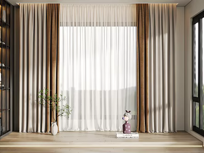 Double Layered Brown And Beige Curtains With Sheer White Inner Layer For Bright Window Interior 3d model