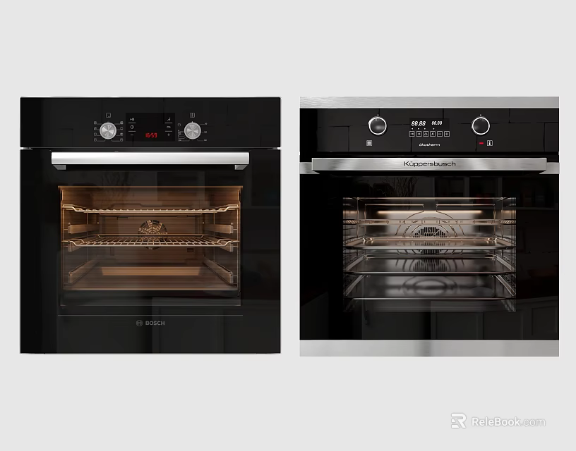Modern Kitchen Ovens Featuring Black And Stainless Steel Design With Control Panel And Interior Racks 3d model 