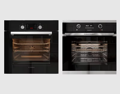 Modern Kitchen Ovens Featuring Black And Stainless Steel Design With Control Panel And Interior Racks 3d model