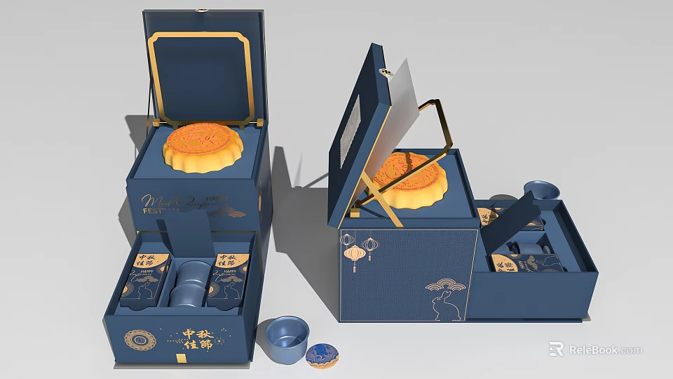 Open Blue Mooncake Gift Box With Mooncake Cups Lid And Traditional Patterns 3d model 