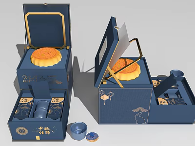 Open Blue Mooncake Gift Box With Mooncake Cups Lid And Traditional Patterns 3d model
