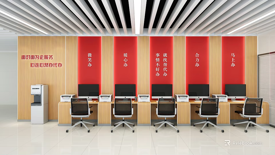 Modern Conference Room with Red Background Wall Wooden Desks Computers Office Chairs and White Floor 3d model 
