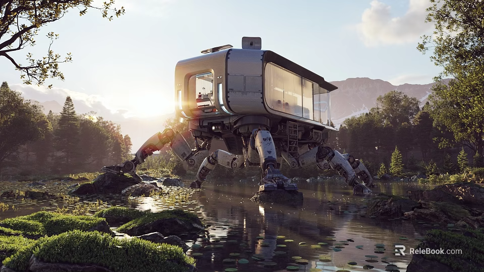 Scenic Park Landscape With Mechanical Legged House Water Green Vegetation And Sunset Mountains 3d model 