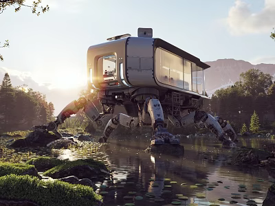 Scenic Park Landscape With Mechanical Legged House Water Green Vegetation And Sunset Mountains 3d model