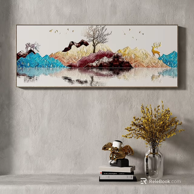 Colorful Landscape Painting With Mountains Tree Deer Water Reflection And Flying Birds 3d model 