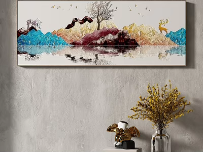 Colorful Landscape Painting With Mountains Tree Deer Water Reflection And Flying Birds 3d model